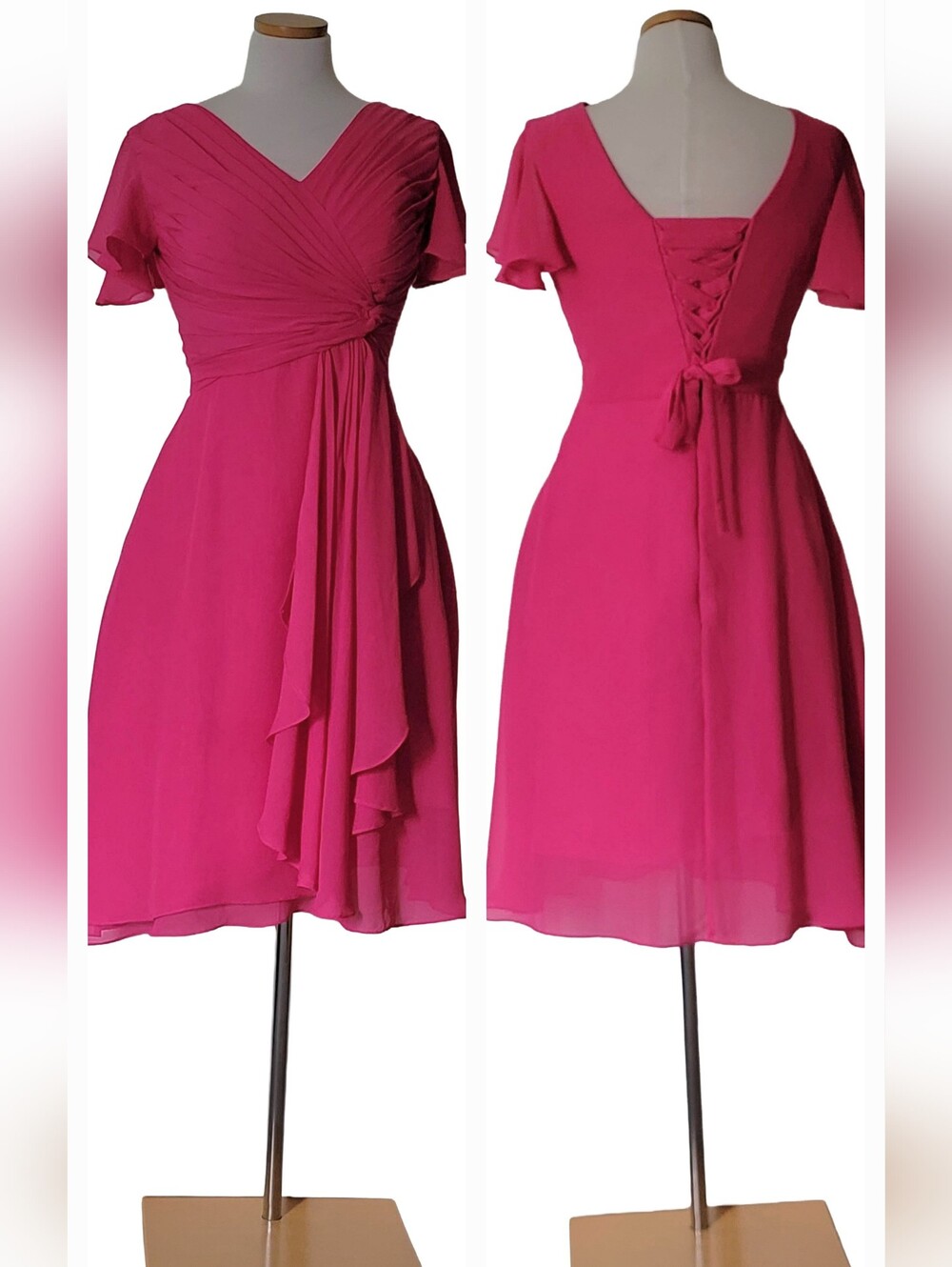 Danity Retro Chiffon Twist Wrap A-line Corset Tie Fluttery Sleeve Midi Dress